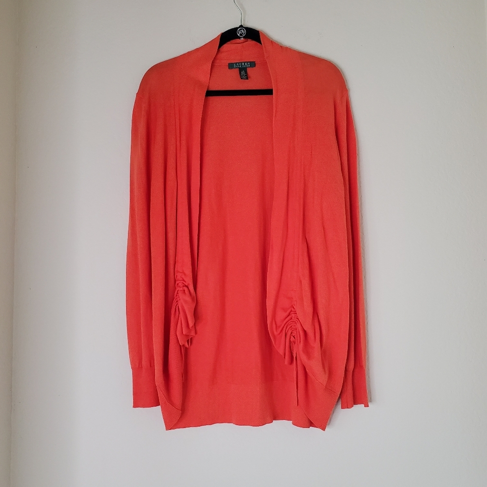 Lauren Ralph Lauren Womens Sz L Cardigan Open Ruched Cotton Modal Orange
